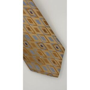 Croft & Barrow Mens Silk Necktie Gold Tan Blue Geometric Diamond Pattern Tie